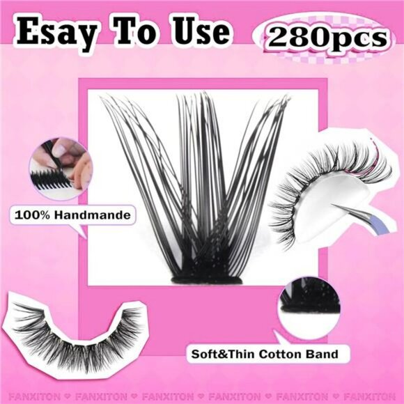DIY Lash Extension Kit Cluster Lashes Bond Seal Tweezers Volume D Curl 280pcs - Picture 4 of 7